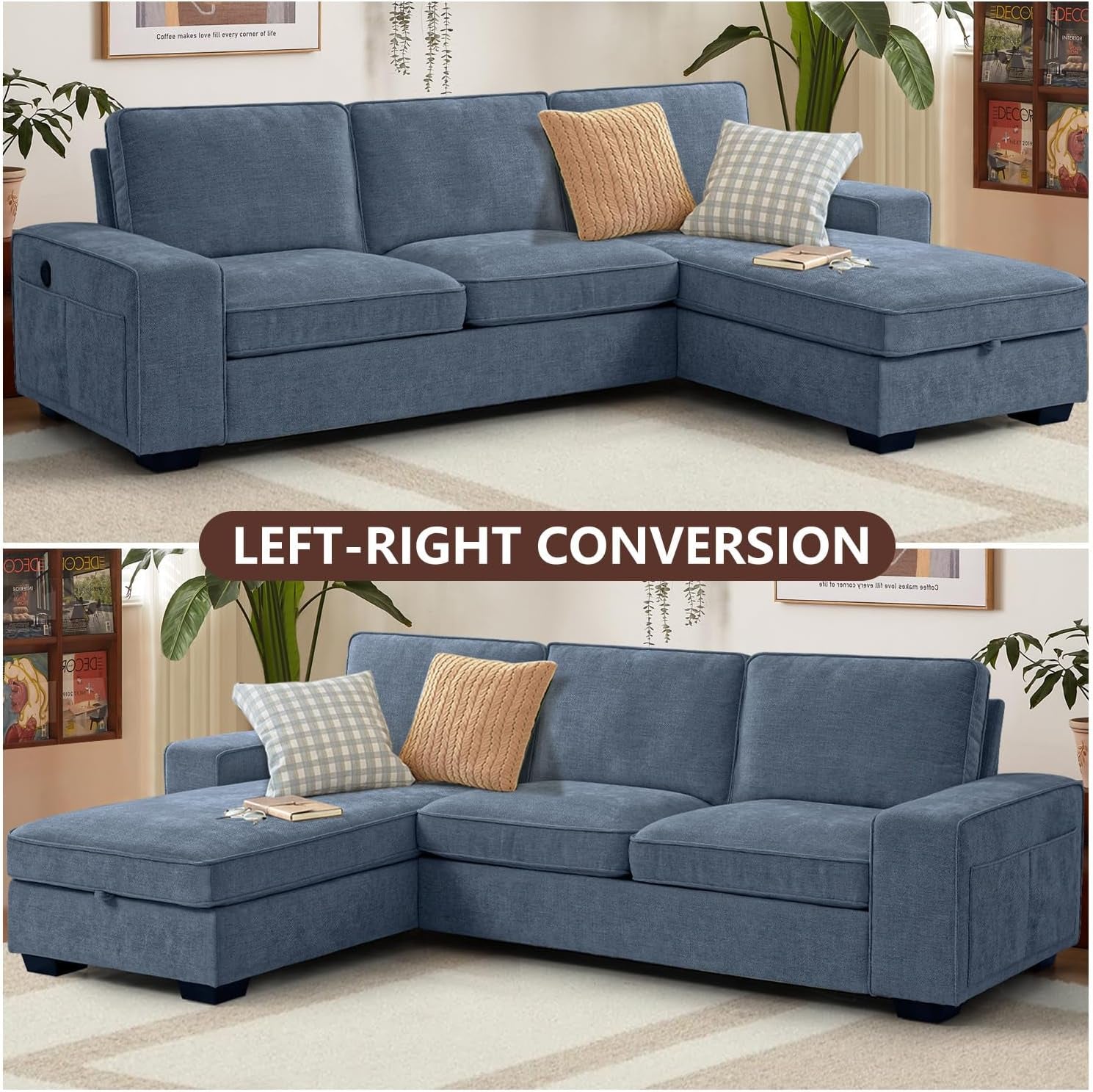 99“ Convertible Sectional Sofa,L Shaped Couch,Multi-Functional Reversible Sofa with USB and Type-C Charging Ports, Storage Space, Breathable Fabric (Blue)