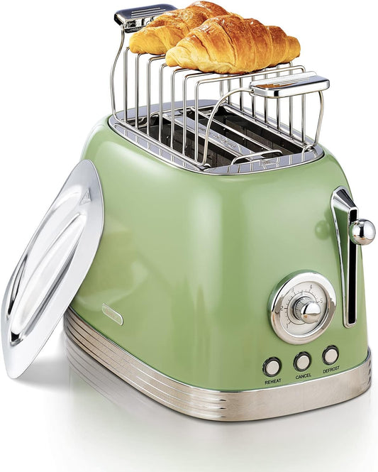 Toaster Retro 2 Slice, Vintage Toaster, Green Toaster, with Stainless Steel Lid, with Bread Attachment, Preheat, Defrost and Cancel Functions, 6 Browning Levels (Green)