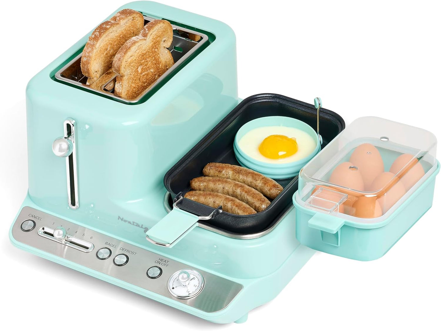 Classic Retro 3-In-1 Breakfast Station, 2-Wide Slot Toaster with Adjustable Toasting Control, Non-Stick Griddle, 6 Capacity Egg Cooker with Lid