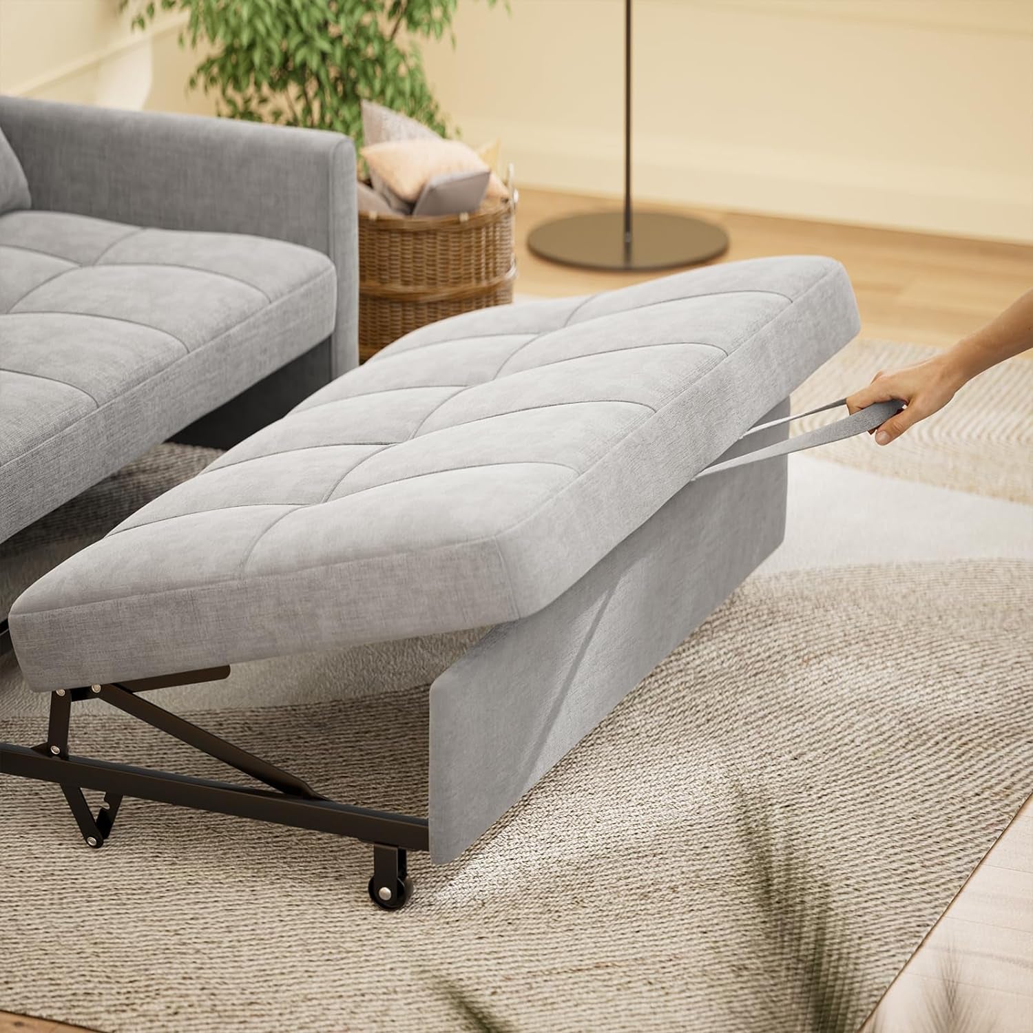 Sleeper Sofa Couch Bed, 3 in 1 Convertible Sofa Bed, 52" 2-Seater Loveseat with Pull Out Bed, Linen Fabric Futon Couches with Pillows, Pockets for Living Room Apartment Small Space, Light Gray