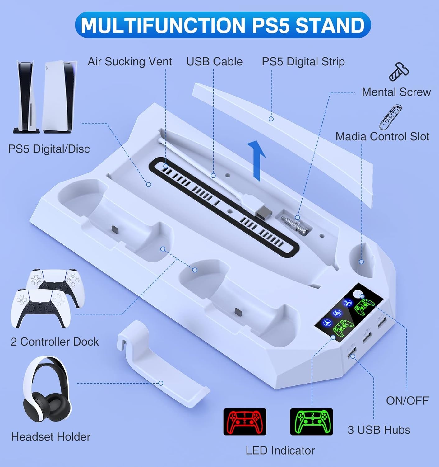 PS5 Stand with Cooling Station for PS5 Controller Charging Station for Playstation 5 Console Edition, PS5 Accessories-Cooler Fan/Remote Charger/Headset Holder(Not Fit 2023 PS5 Slim Disc/Digital)