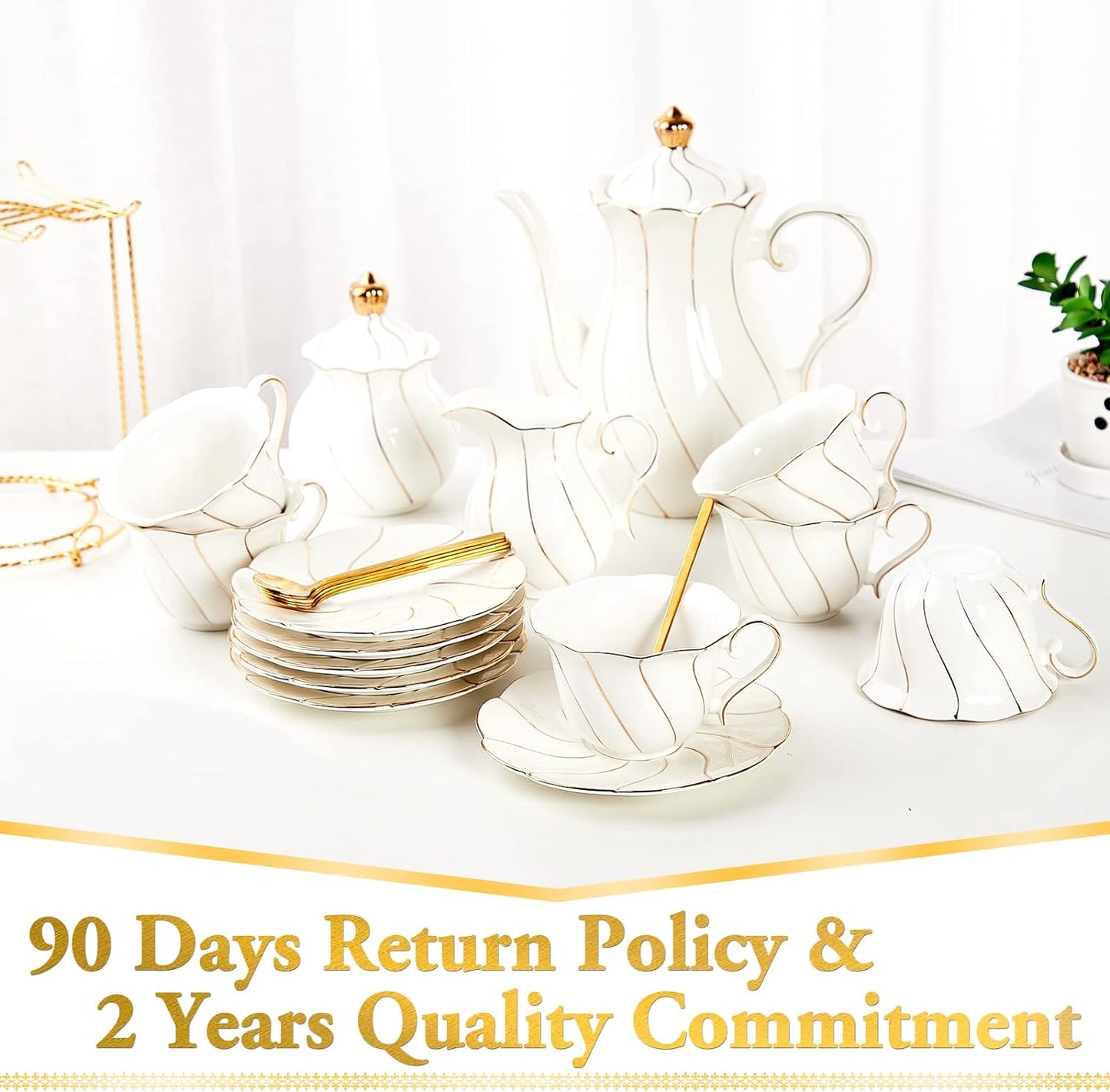 22 Pcs White Porcelain Tea Set for 6, Luxury British Style Tea/Coffee Cup Set with Golden Trim, Beautiful Tea Set for Women, Tea Party Set, Gift Package (With a Stand)