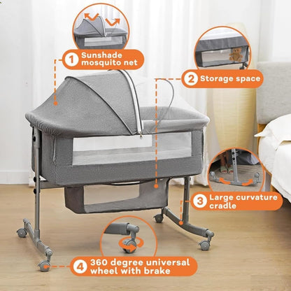 Bedside Crib for Baby, 3 in 1 Bassinet with Large Curvature Cradle, Bedside Sleeper Adjustable and Movable beside Bassinet with Mosquito Nets, Safety Certificattion Guarantee, Bassinet Bedding Sets - Design By Technique