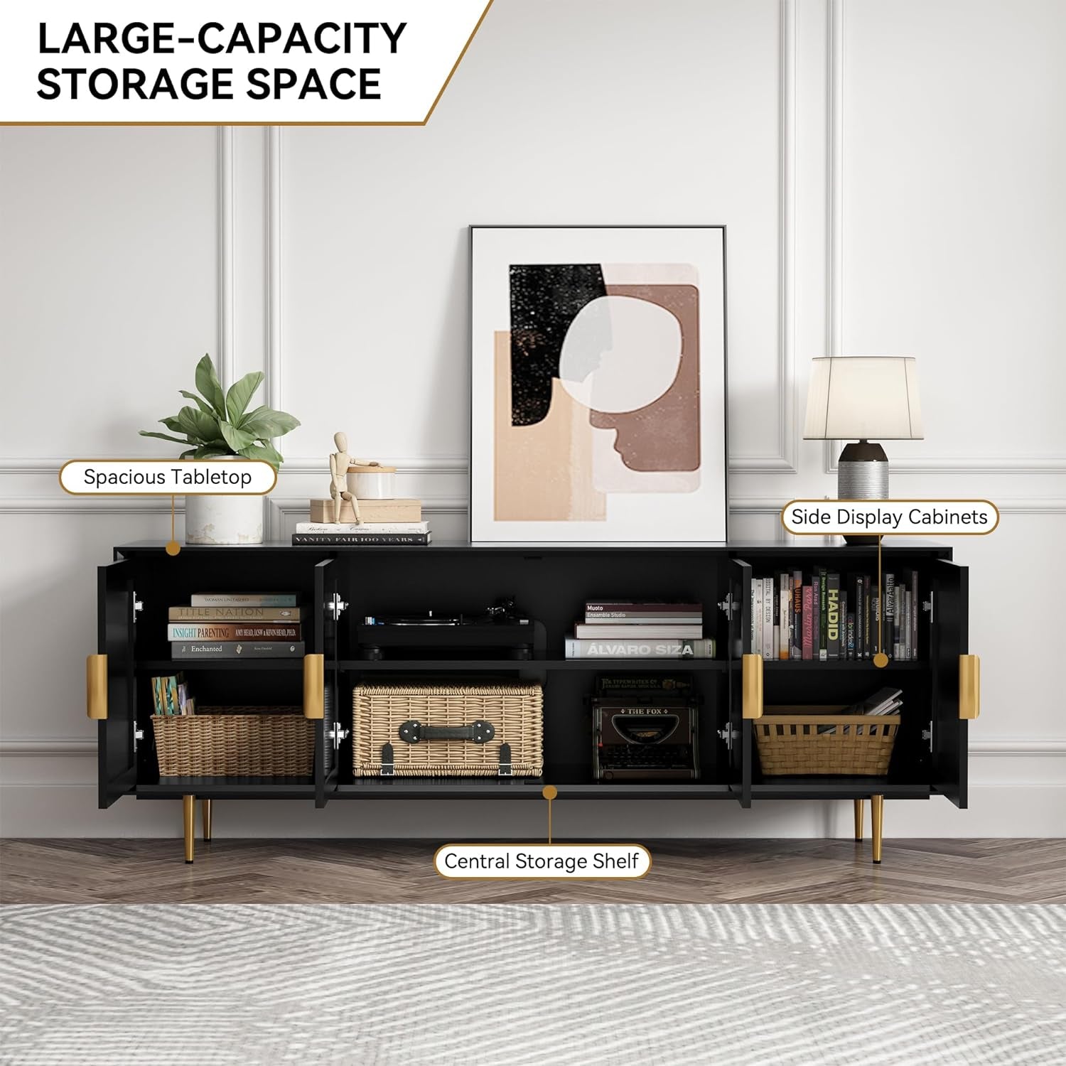 Modern TV Stand for 70 Inch TV, Black TV Console with 4 Glass Doors, Entertainment Center with Storage Cabinet, Wood Media Cabinet with Gold Leg, 65” TV Stands for Living Room