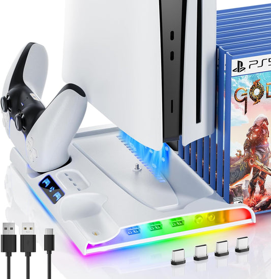 PS5 Slim Stand Cooling Station with Controller Charging Station for Playsation 5 Slim, PS5 Slim Accessories Kits with Cooling Fan,Rgb Led,And Game Slot