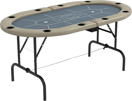 Poker Table Foldable, 70" Oval Blackjack Casino Texas Holdem Poker Game Table for 10 Players with Cup Holders, Blue and Brown