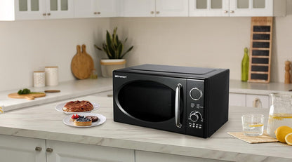 Radio .9 Cu Ft Digital Microwave Oven, Grill Function, 1,000 Watt, Retro & Chrome, 8 Pre-Programmed Settings, Express & Defrost, Chrome Handle & Control Buttons, Timer & LED Display,Black