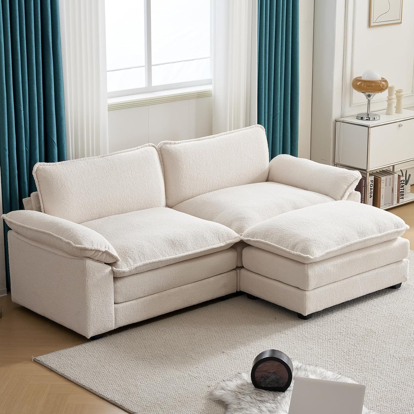 85.4" Convertible Sectional Sofa,L-Shaped Deep Seat Sofa Couch for Living Room,Modern 2-Seat Loveseat Sofa with Ottoman for Small Space(White,Faux Sherpa, 85.4")