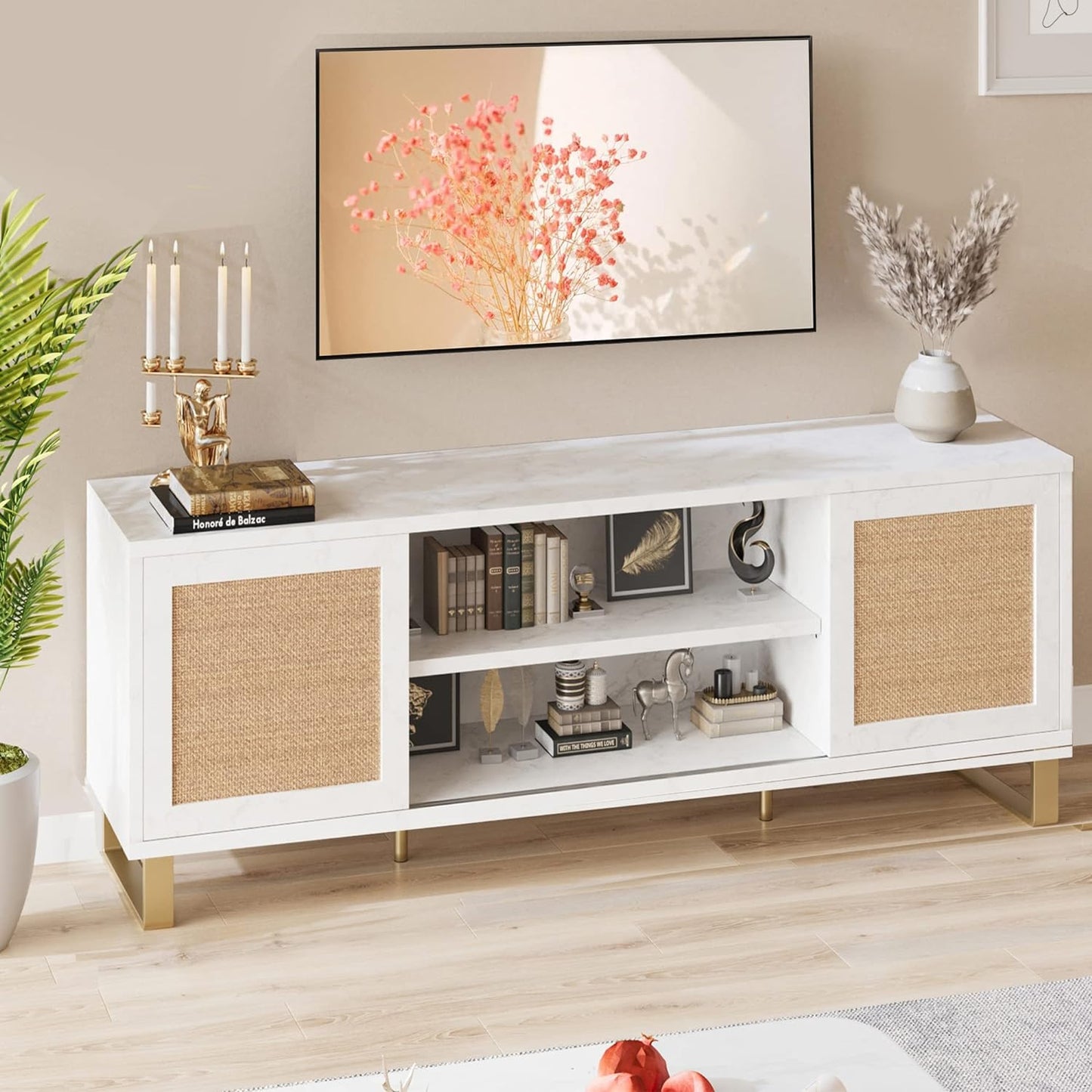 TV Stand Rattan Entertainment Center for 65 Inch TV Modern TV Console Table White Low TV Stand with Storage, Doors and Shelves, TV Console Media Cabinet Furniture for Living Bedroom