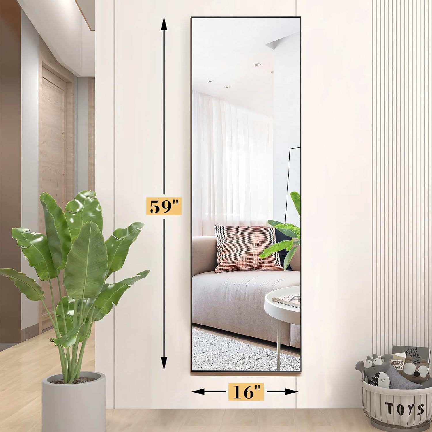 Full Length Mirror with Stand, 59"X16" Floor Mirror with Aluminum Alloy Frame for Bedroom, Standing Full Body Mirror with Shatter-Proof Glass for Wall, Living Room, Cloakroom (Black)