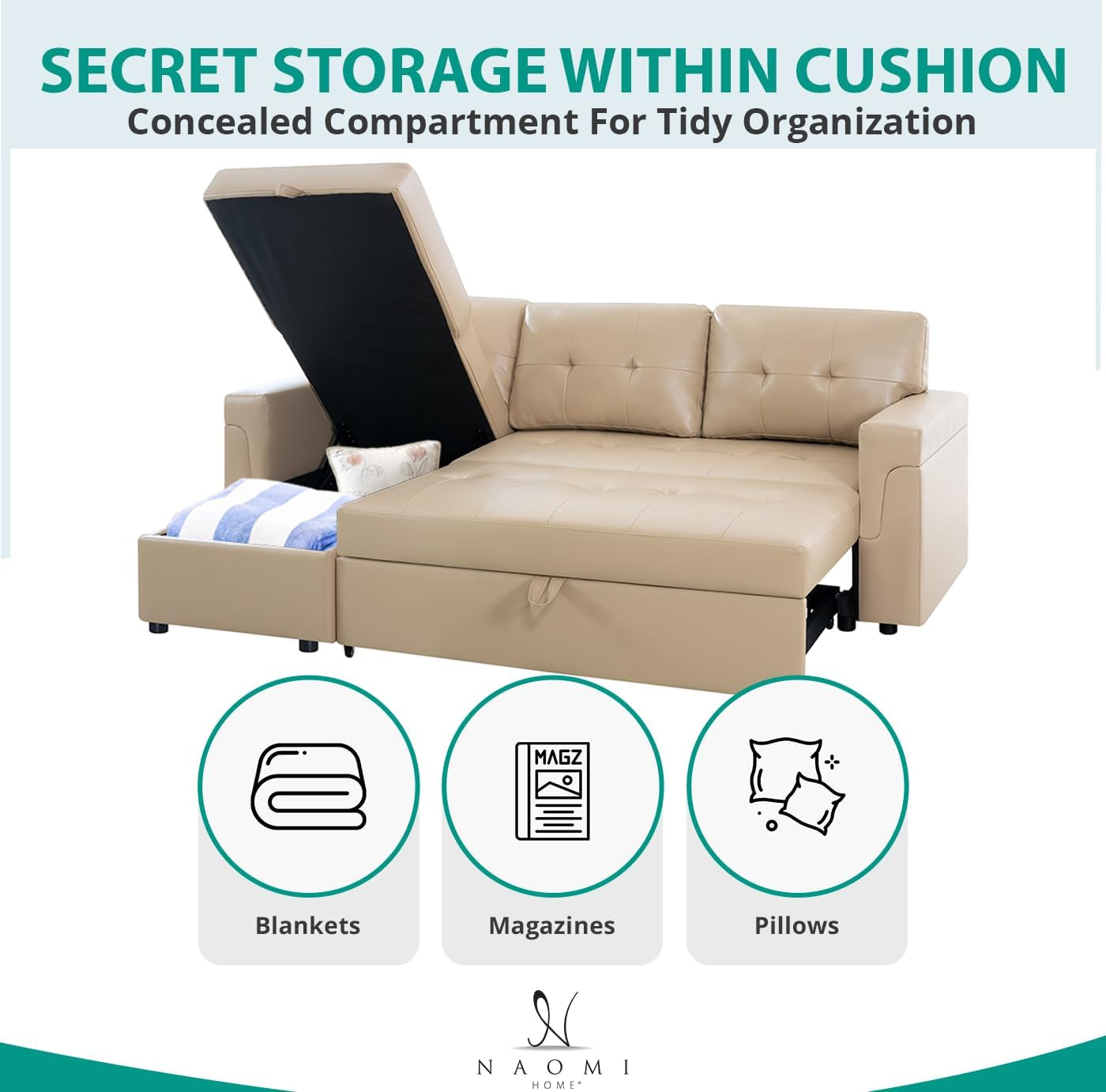 Transform Any Space: Sleeper Sectional Sofa with Convertible Sofa Bed & Inviting Chaise. Find Tranquil Comfort with Stress-Relieving Design & Durable Cushions - Beige/Air Leather