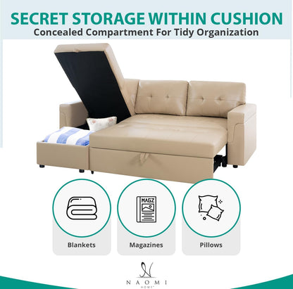 Transform Any Space: Sleeper Sectional Sofa with Convertible Sofa Bed & Inviting Chaise. Find Tranquil Comfort with Stress-Relieving Design & Durable Cushions - Beige/Air Leather