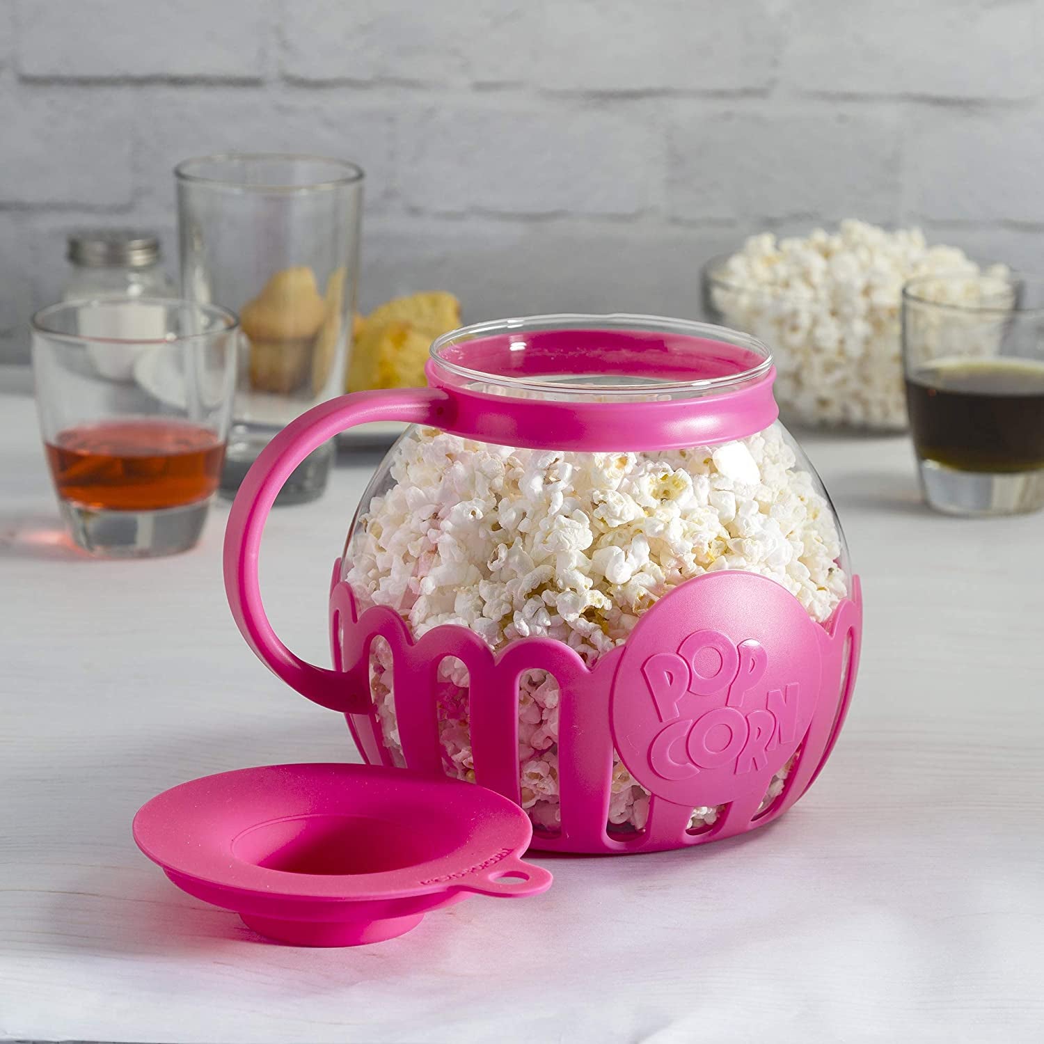 Patented Micro-Pop Microwave Popcorn Popper with Temperature Safe Glass, 3-In-1 Lid Measures Kernels and Melts Butter, Made without BPA, Dishwasher Safe, 3-Quart, Pink