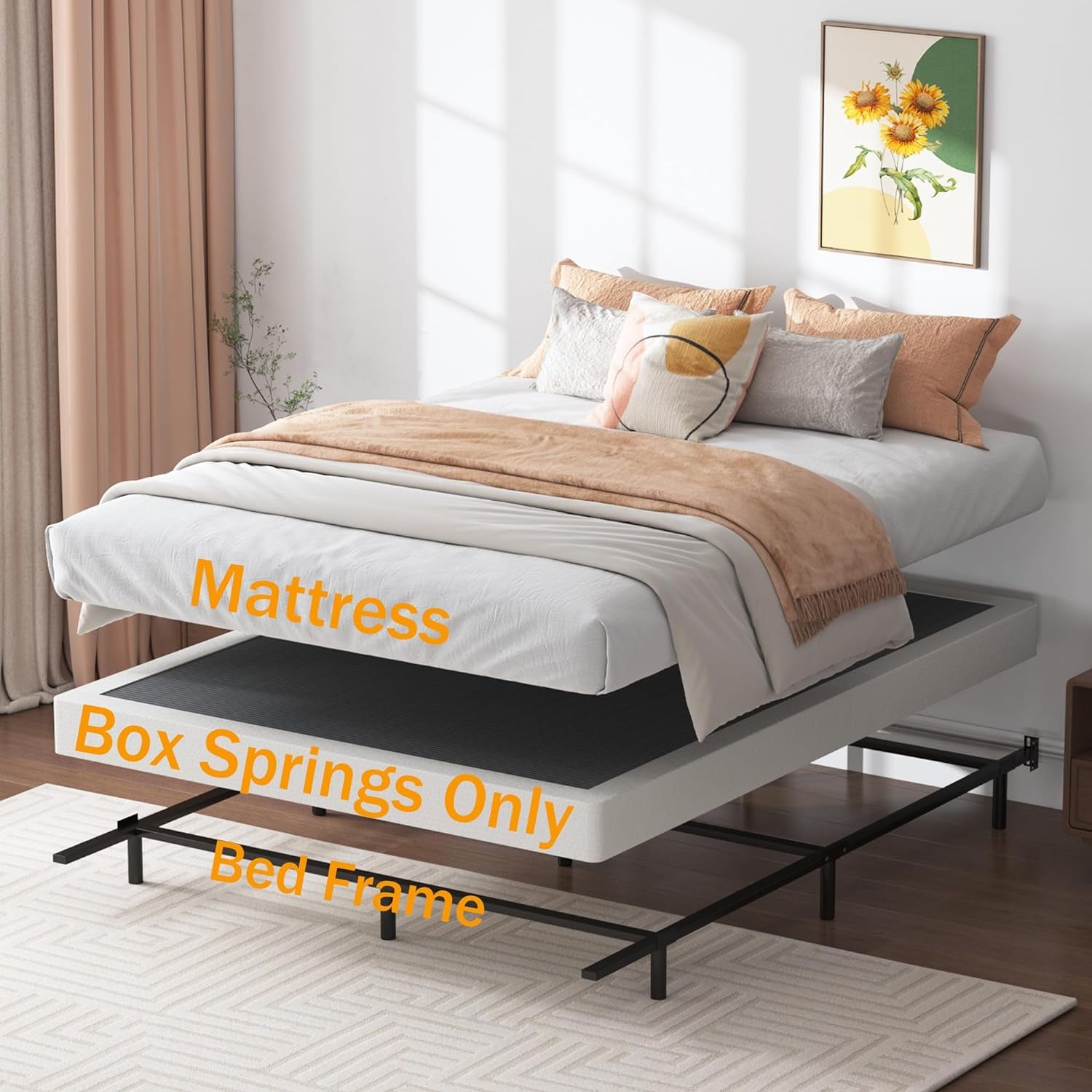 Box Springs 5 Inch Queen Box Spring Only Bed Base, Mattress Foundation, Easy Clean Fabric Cover, Non-Slip, No Noise, Easy Assembly