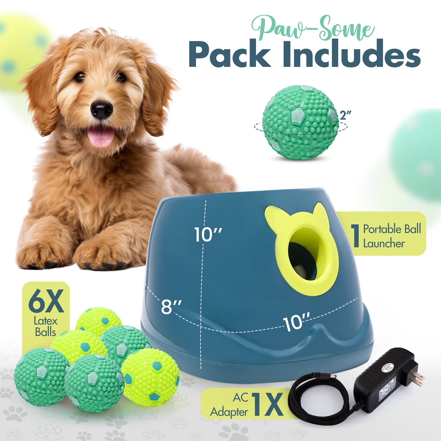 Automatic Dog Ball Launcher - Dog Ball Fetch Machine, Ball Thrower for Dogs, for Small to Medium Sized Dogs, Great Interactive Dog Toy with 6 Latex Balls, Dual Power Supply