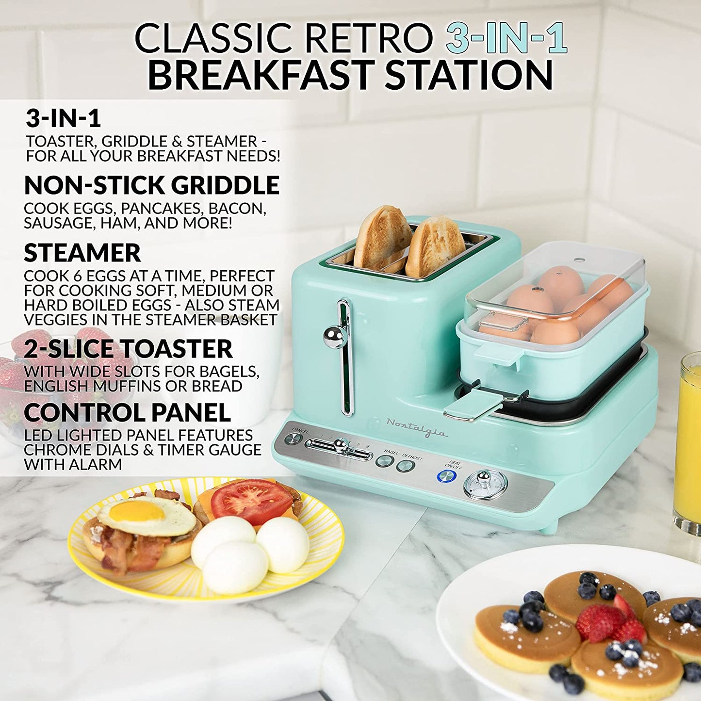 Classic Retro 3-In-1 Breakfast Station, 2-Wide Slot Toaster with Adjustable Toasting Control, Non-Stick Griddle, 6 Capacity Egg Cooker with Lid