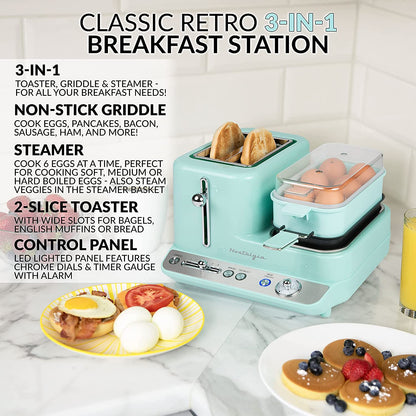 Classic Retro 3-In-1 Breakfast Station, 2-Wide Slot Toaster with Adjustable Toasting Control, Non-Stick Griddle, 6 Capacity Egg Cooker with Lid