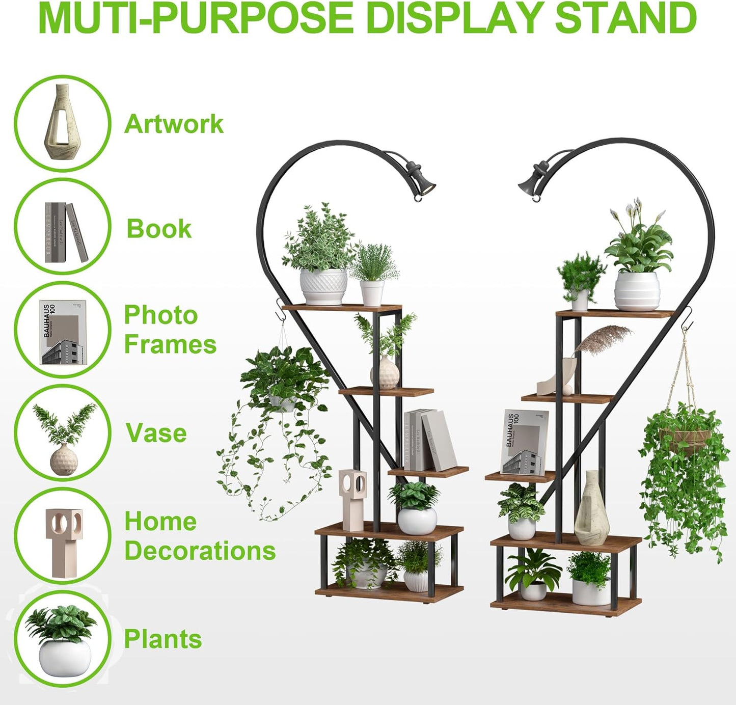 Plant Stand Indoor with Grow Lights - 5 Tier Tall Plant Stand, Metal Plant Shelf Display Rack, Heart Plant Stand for Indoor Plants Multiple, Large Plant Stand for Home, Living Room, Patio (Black)