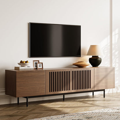 Modern Solid Wood TV Stand, Entertainment Center for 70 75+ Inch TV, Slatted Media Console TV Cabinet with Tall-Cast Metal Legs, Walnut Veneer, Fully-Assembled, 78"