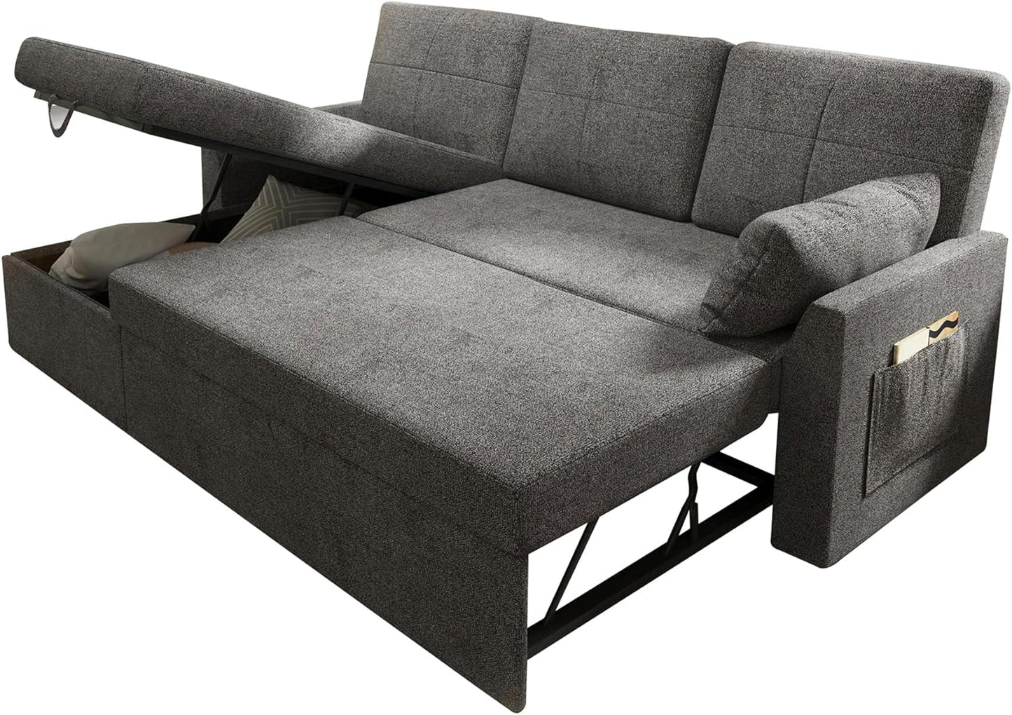 Sleeper Sofa, Sofa Bed- 2 in 1 Pull Out Couch Bed with Storage Chaise for Living Room, Sofa Sleeper with Pull Out Bed, Grey Linen Couch