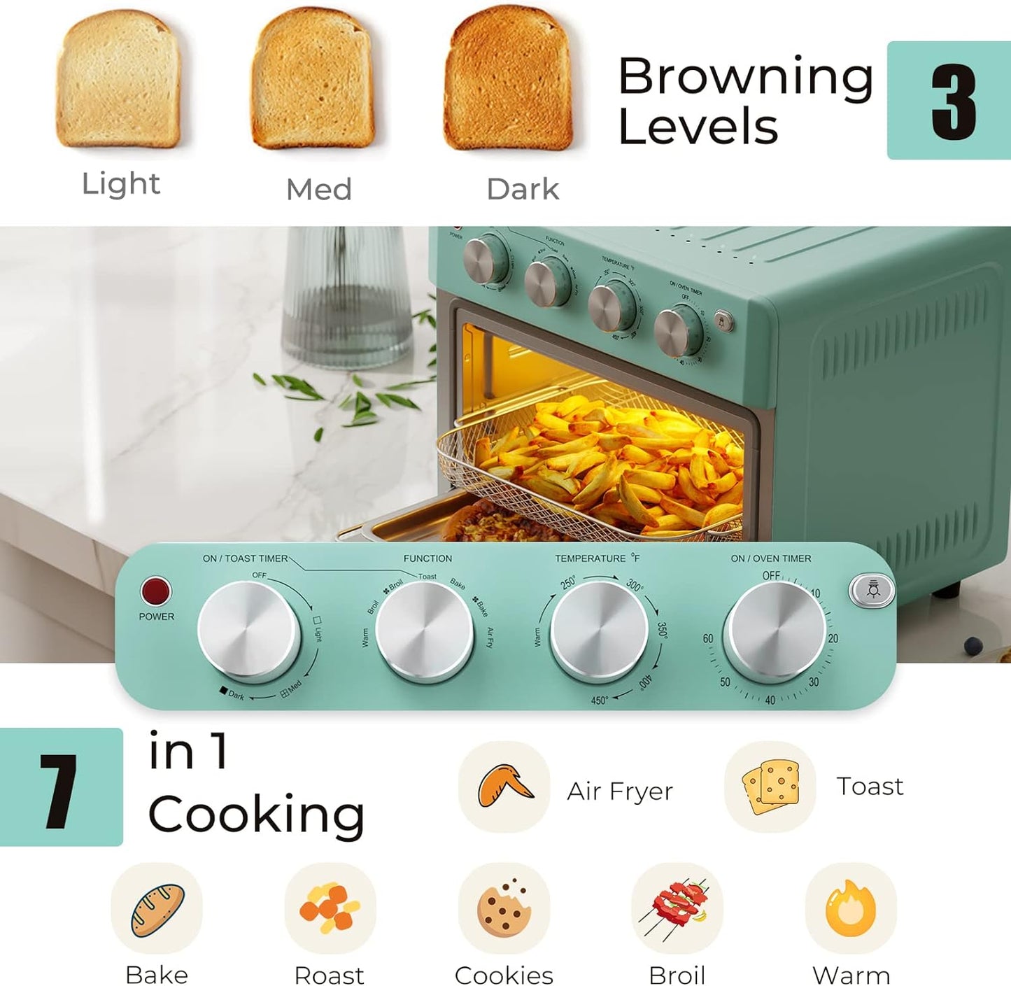 Retro Toaster Oven -  Air Fryer Oven & Toasters 19QT, Large 7 in 1 Convection Oven Combo for Family Use, 360° Even & Healthy Cooking, 5 Accessories & Recipe Book (Turquoise)