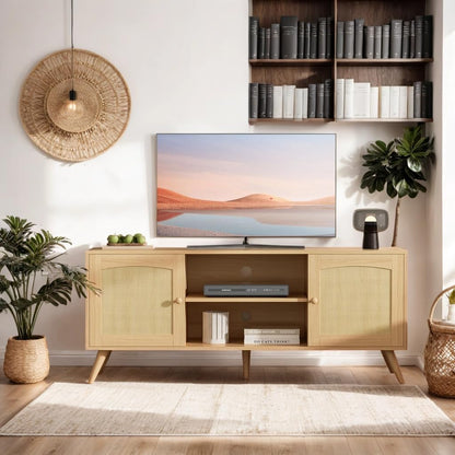 Oak TV Stand for 60 Inch TV, Wooden Mid Century Modern Entertainment Center with Natural Rattan Door, Boho Media TV Console for Living Room