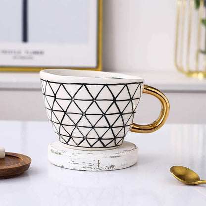 Big Ceramic Coffee Mug Tea Cup Stoneware Novelty Mug with Golden Handle Hand Painted Triangle Pattern