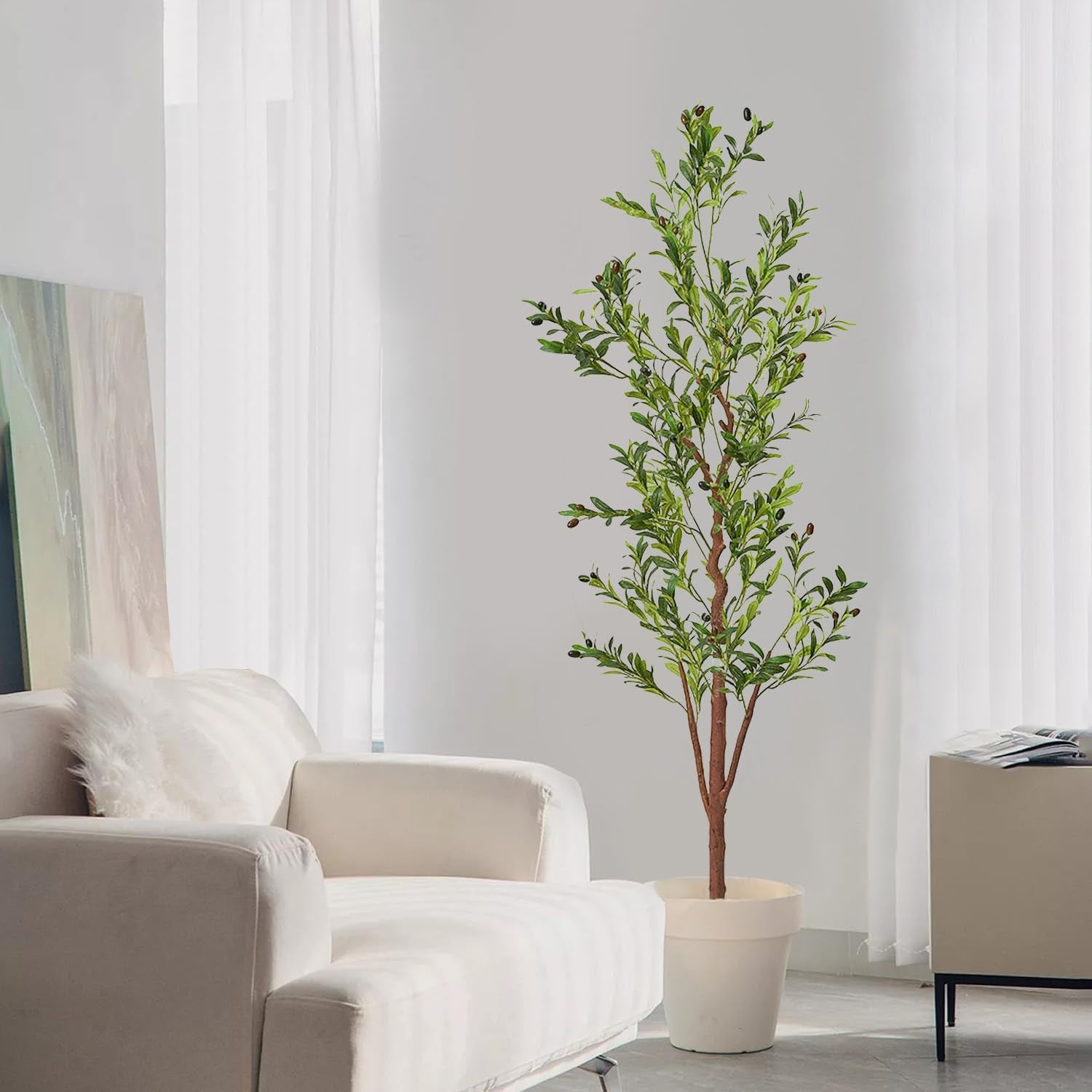 Artificial Olive Tree 7Ft,Fake Faux Olive Tree with Natural Wood Trunk and Realistic Leaves and Fruits,Olive Fruits Artificial Tree for Modern Home Office Living Room Decor Indoor