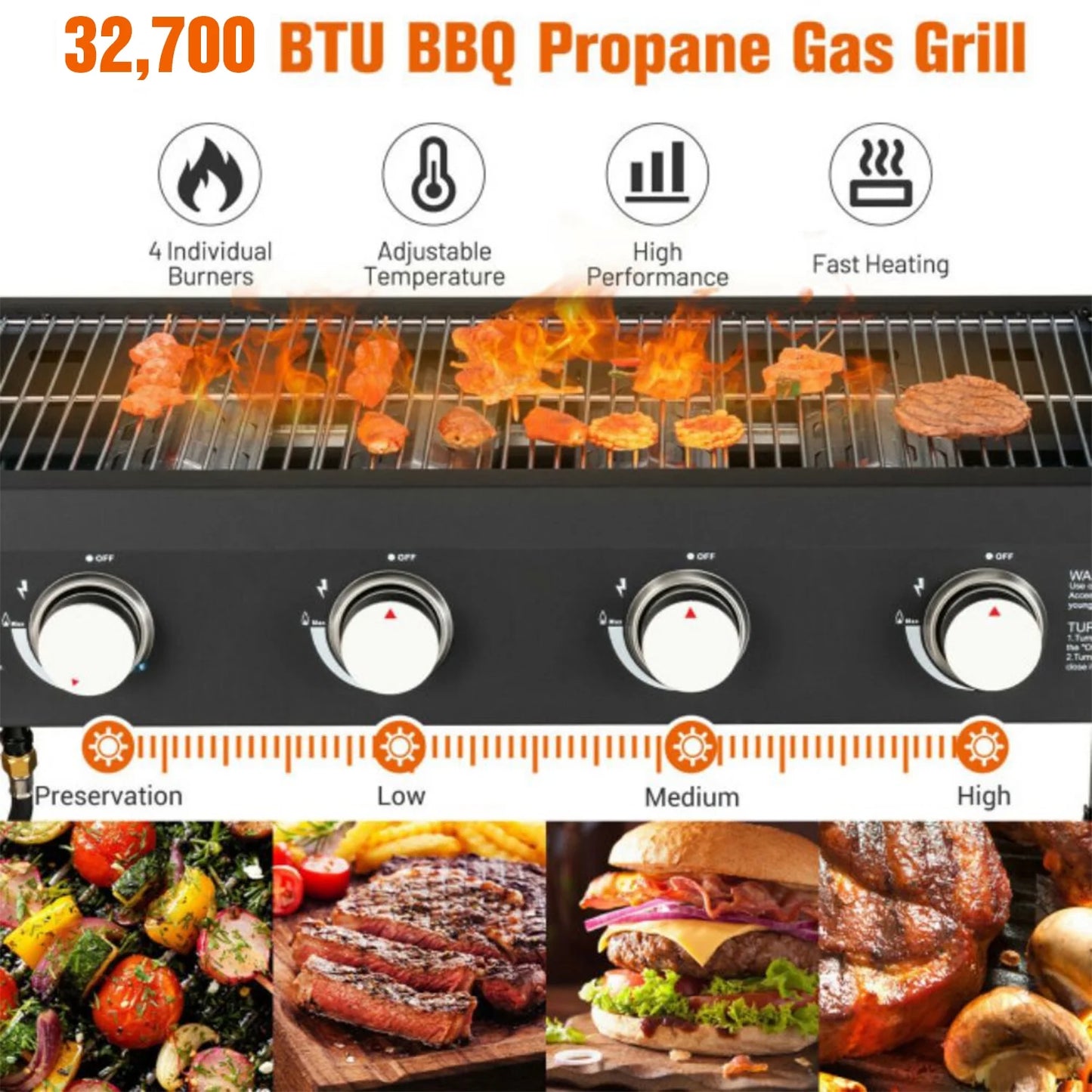 4-Burner 30" Griddle Propane Gas Grill, Black