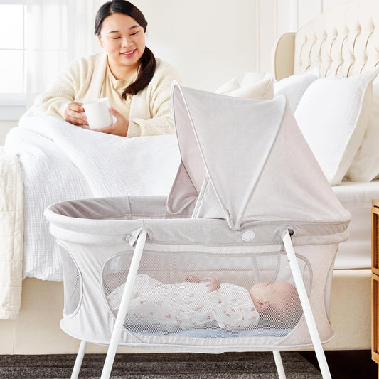 Baby Basics Infant Bassinet with Canopy, Award Winning Brand, Quick Fold and Easy Setup, Removable Pad, See-Through Mesh, Bed-Side Bassinet, Gray - Design By Technique