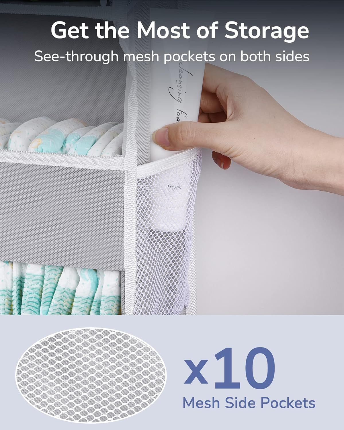 1 Pack over Door Organizer with 5 Large Pockets 10 Mesh Side Pockets, 44 Lbs Weight Capacity Hanging Storage Organizer with Clear Window for Kids Toys, Shoes, Diapers, Grey, 5 Layer