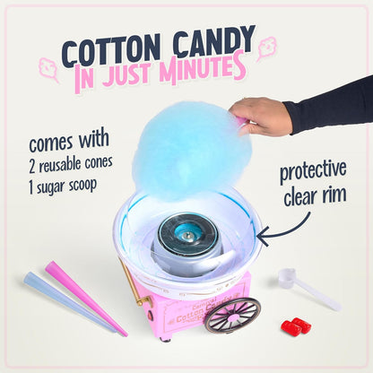 Cotton Candy Machine - Retro Cotton Candy Machine for Kids with 2 Reusable Cones, 1 Sugar Scoop, and 1 Extractor Head – Pink