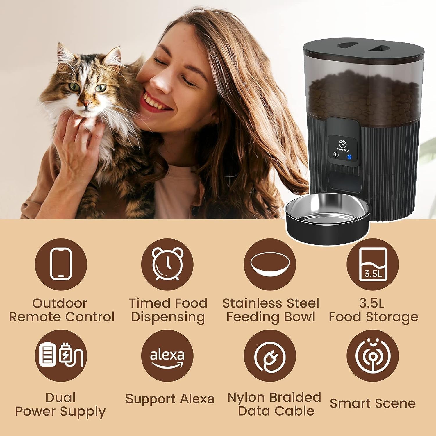 Automatic Cat Feeder, Wifi Pet Feeder for Cat/Dog Compatible with Alexa & Echo, 15 Cup Timed Cat Food Dispenser for Remote Feeding, up to 10 Meals per Day with APP Control