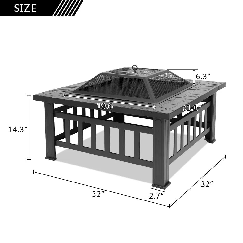 Wooden 32" Metal Fire Pit Patio Garden Square - Design By Technique