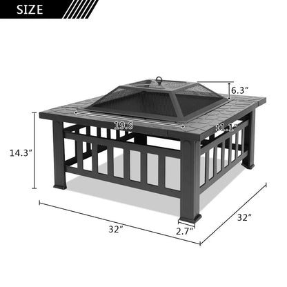 Wooden 32" Metal Fire Pit Patio Garden Square - Design By Technique