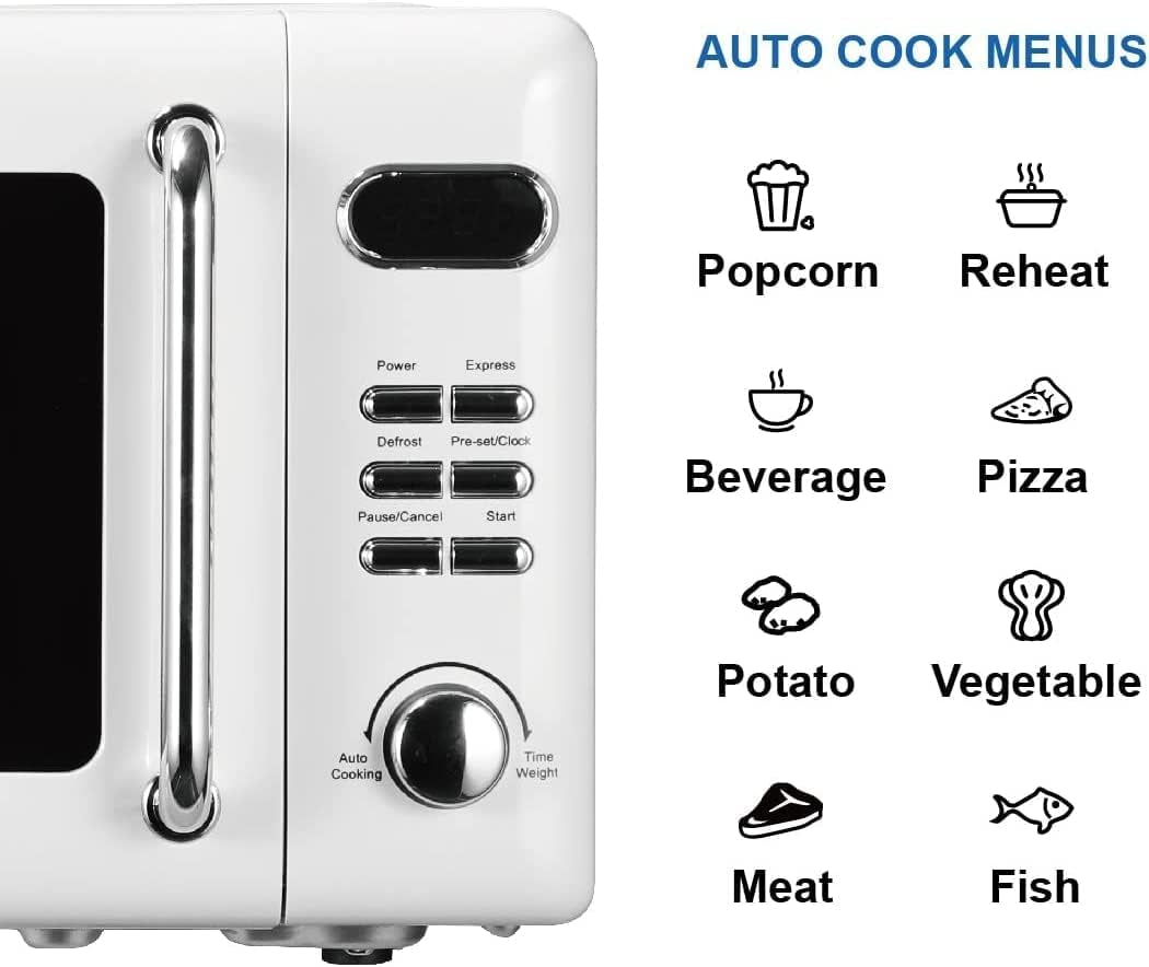 MWR7020W Compact Countertop Microwave Oven with Button Control, LED Display, 700W 5 Power Levels, 8 Auto Menus, Glass Turntable and Child Safe Lock, 0.7, Retro White