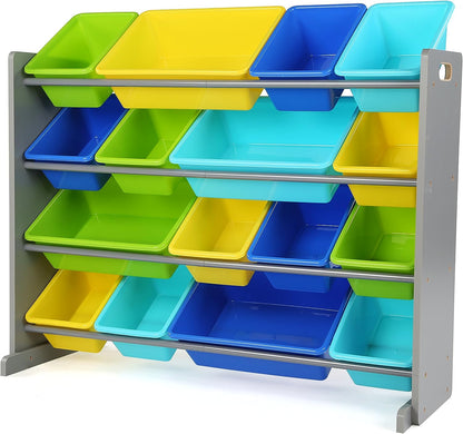 Extra-Large Toy Organizer, 16 Storage Bins, Grey/Blue/Green/Yellow,15.5"D X 42"W X 35"H