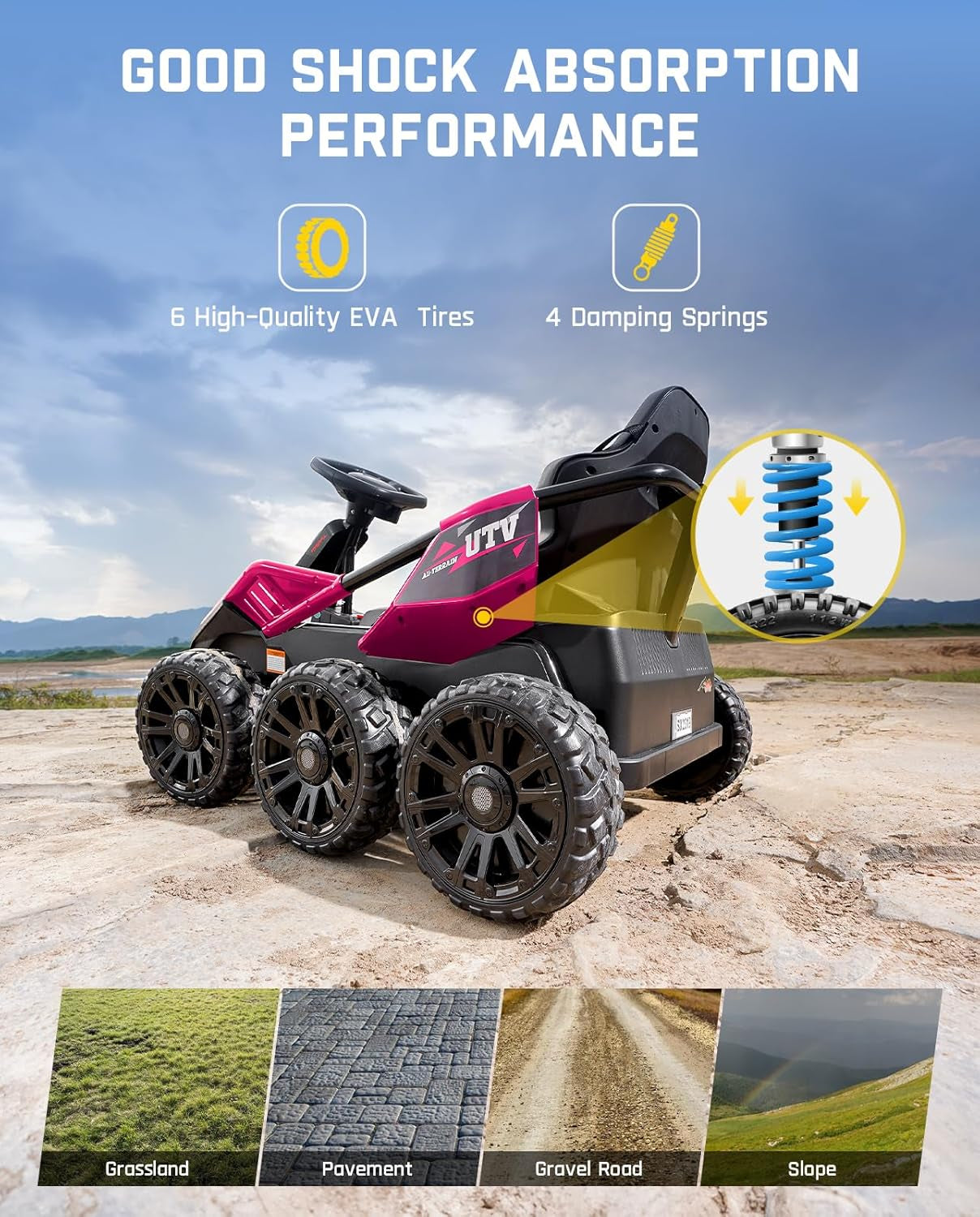 24V Ride on Toys for Big Kids, 6 Eva Wheels UTV, 4X75W 5.9MPH Powerful Electric Car, 4WD/2WD Switch, Parent Remote, 4 Shock Absorbers, Ideal Gift for Kids Ages 3+, X7 Pro Pink