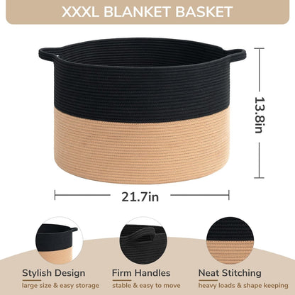 Xxxlarge Cotton Rope Basket Woven for Baby Laundry, Toy with Handle Comforter Cushions Storage Bin Thread Hamper - 21.7" X 21.7" X 13.8"