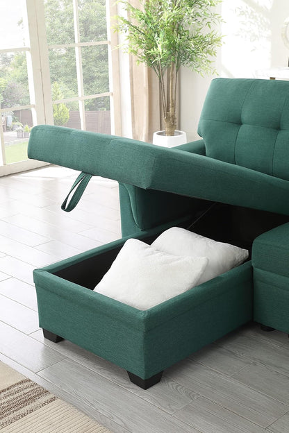 Lucca Green Linen Reversible Sleeper Sectional Sofa with Storage Chaise