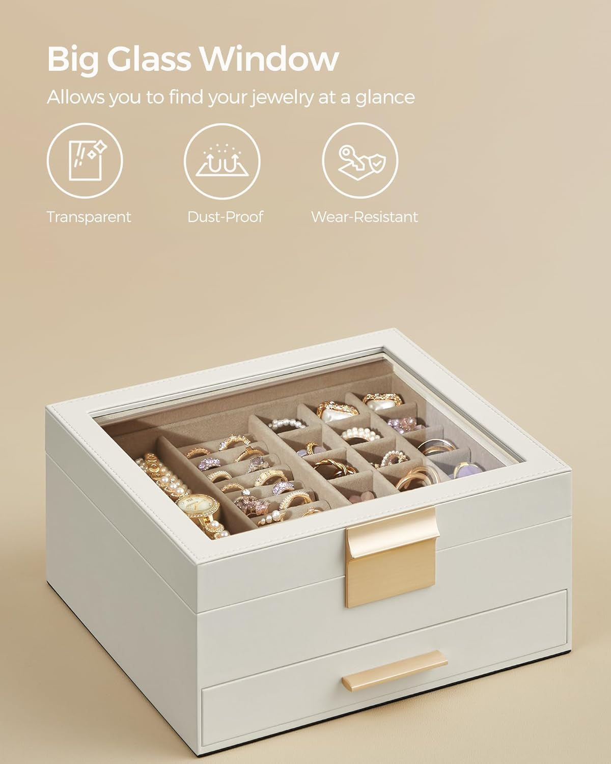 Jewelry Box with Glass Lid, 2-Layer Jewelry Organizer, 1 Drawer, for Big and Small Jewelry, Jewelry Storage, Modern Style, 8 X 9.1 X 4.1 Inches, Cloud White and Gold Color UJBC174W01