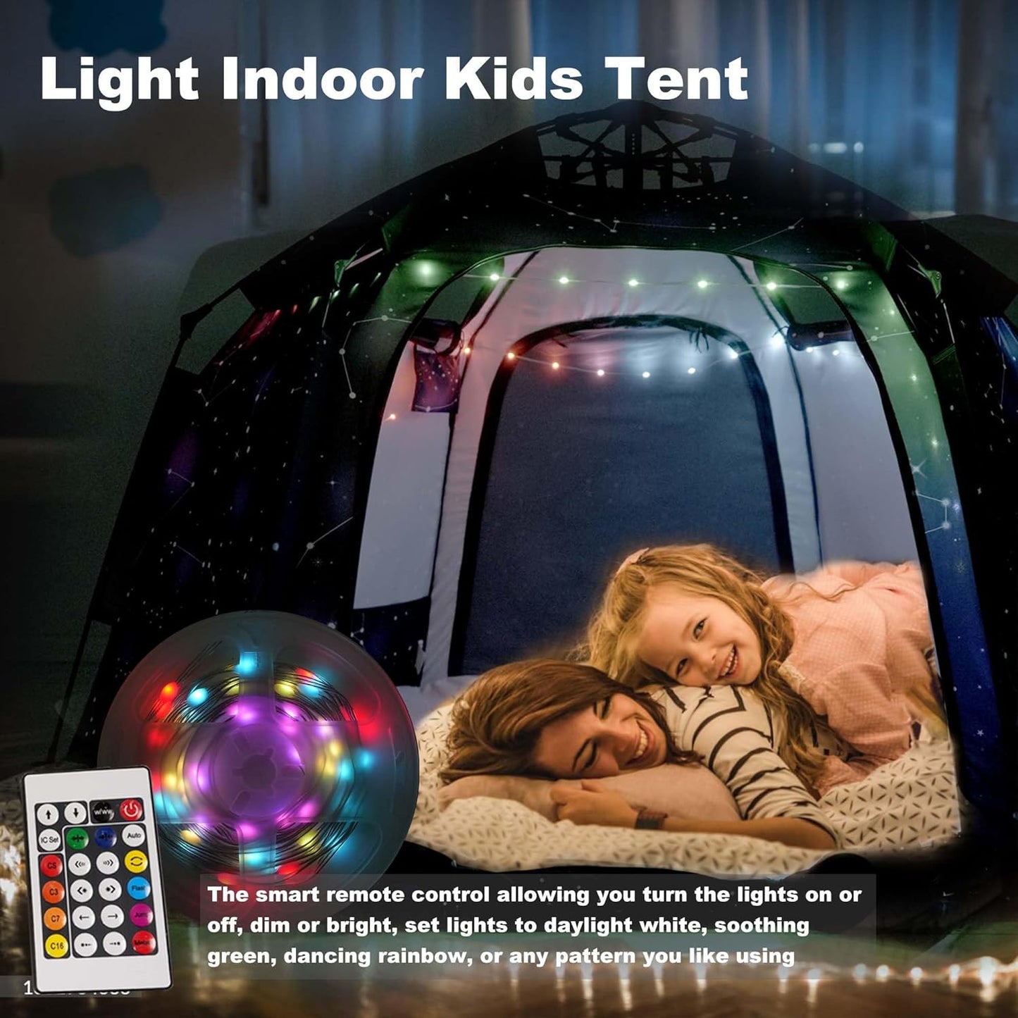 Portable Hexagon Kids Play Tent with LED Strip Lights Indoor Children Play House Easy Set-Up Space Tent Dream Tent for Night.4-5 Person Large Tent & Birthday Gifts