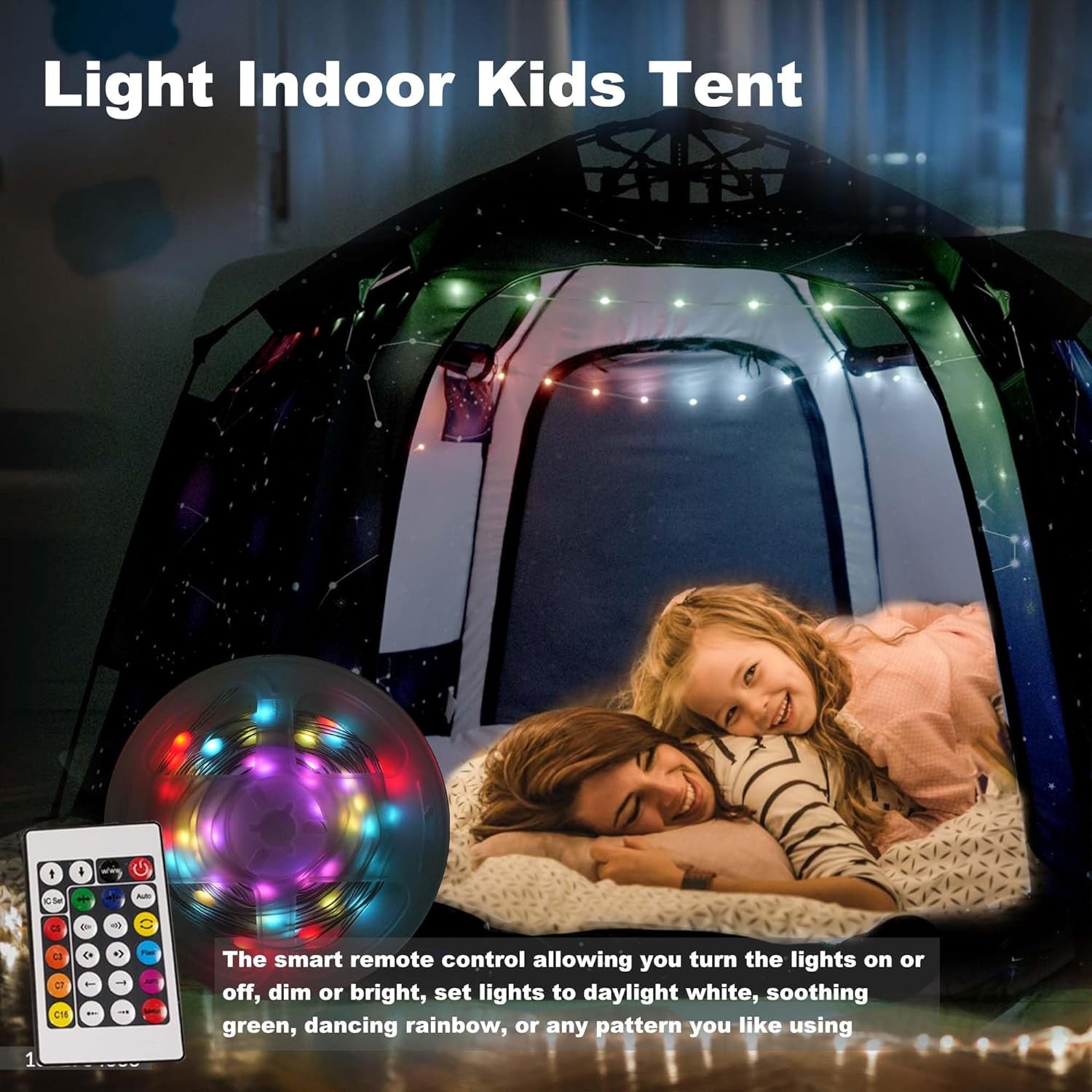 Portable Hexagon Kids Play Tent with LED Strip Lights Indoor Children Play House Easy Set-Up Space Tent Dream Tent for Night.4-5 Person Large Tent & Birthday Gifts