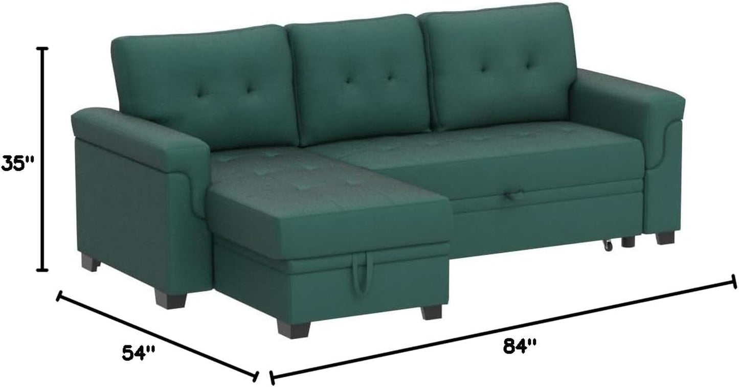 Lucca Green Linen Reversible Sleeper Sectional Sofa with Storage Chaise