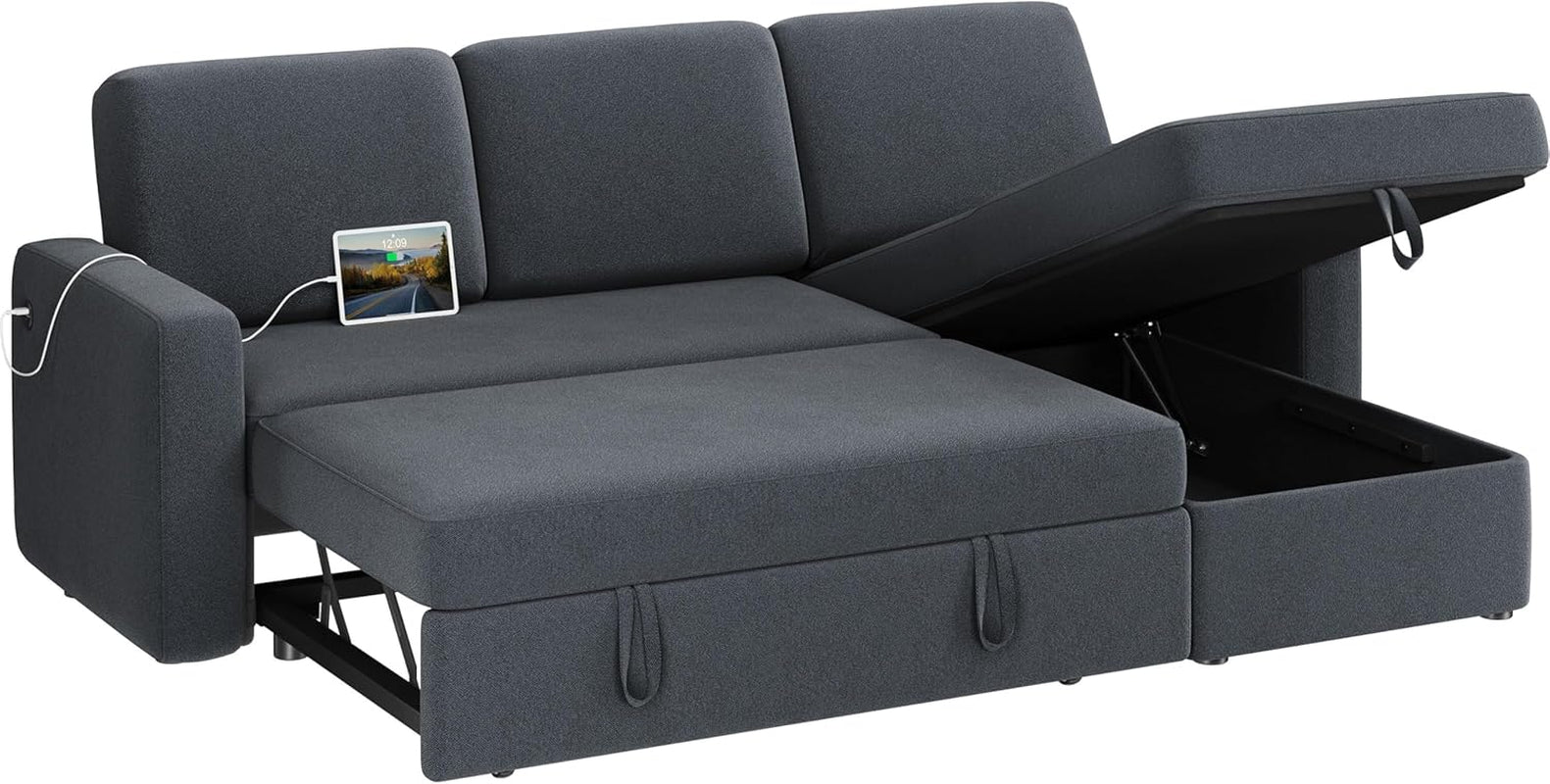 Sectional Sofa L-Shaped Sofa Couch Bed W/Chaise & USB, Reversible Couch Sleeper W/Pull Out Bed & Storage Space, 4-Seat Fabric Convertible Sofa, Pull Out Couch for Living Room Dark Gray