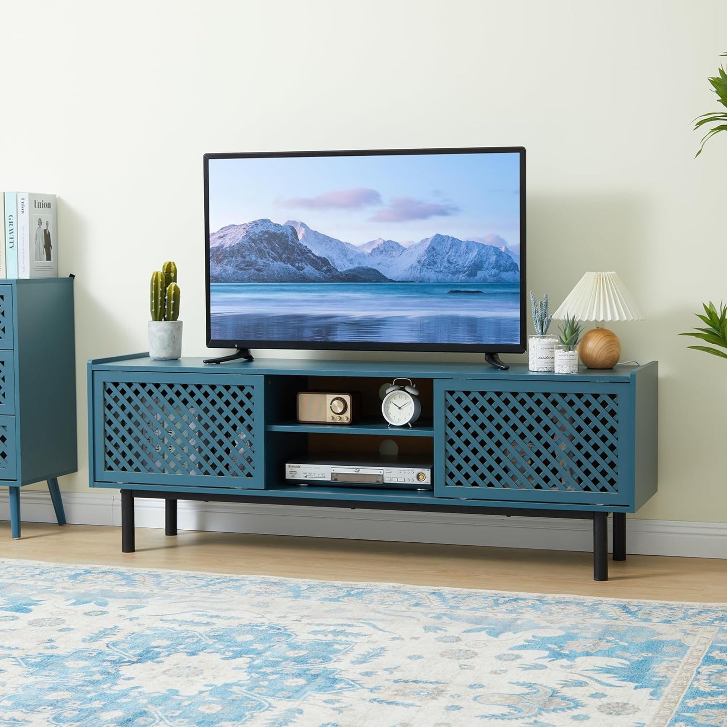 Farmhouse TV Stand for 70 Inch TV, Entertainment Media Center with Grid Sliding Door and Adjustable Shelves, Television Stands with Storage for Living Room Bedroom(Blue)