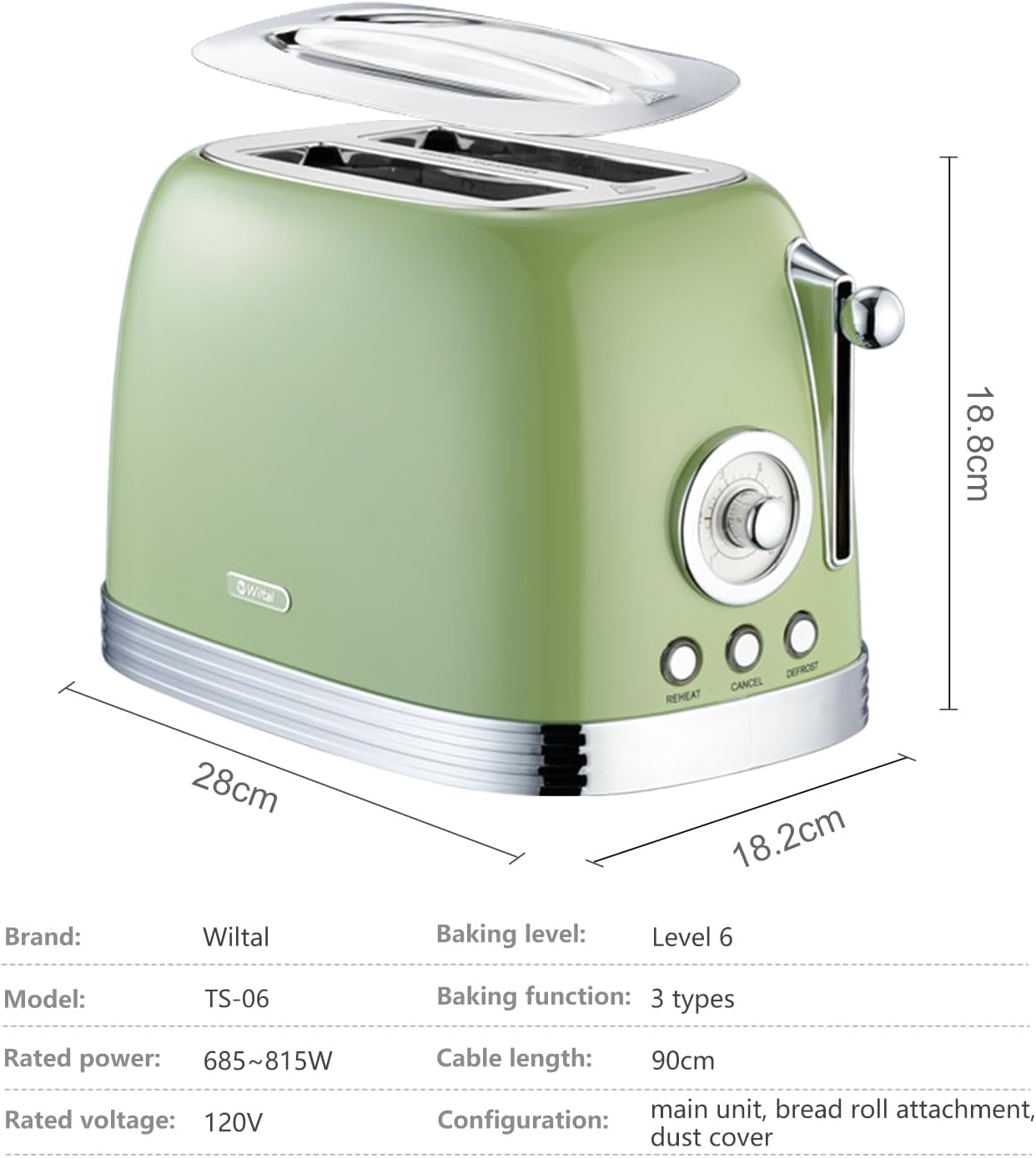 Toaster Retro 2 Slice, Vintage Toaster, Green Toaster, with Stainless Steel Lid, with Bread Attachment, Preheat, Defrost and Cancel Functions, 6 Browning Levels (Green)