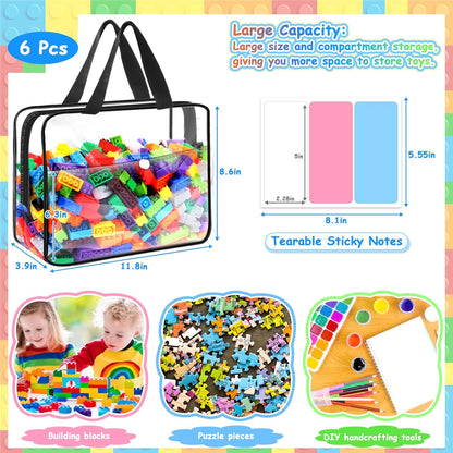 6 Packs Toy Storage Bags Large with Zipper and Labels(6Pcs), PVC Waterproof Organizers Toy Bags for Board Games, Puzzles Pieces, Building Blocks, Handmade Accessories, Kid Books