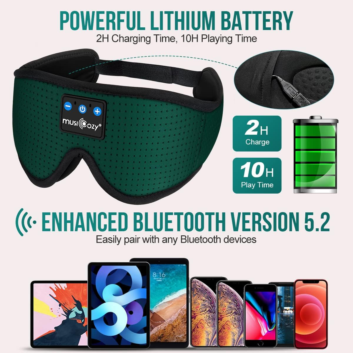 Sleep Headphones Breathable Bluetooth Headband 3D Sleeping Headphones, Wireless Music Eye Mask Sleep Earbuds for Side Sleeper Women,Men Office Air Travel Cool Tech Gadgets Unique Gifts Green