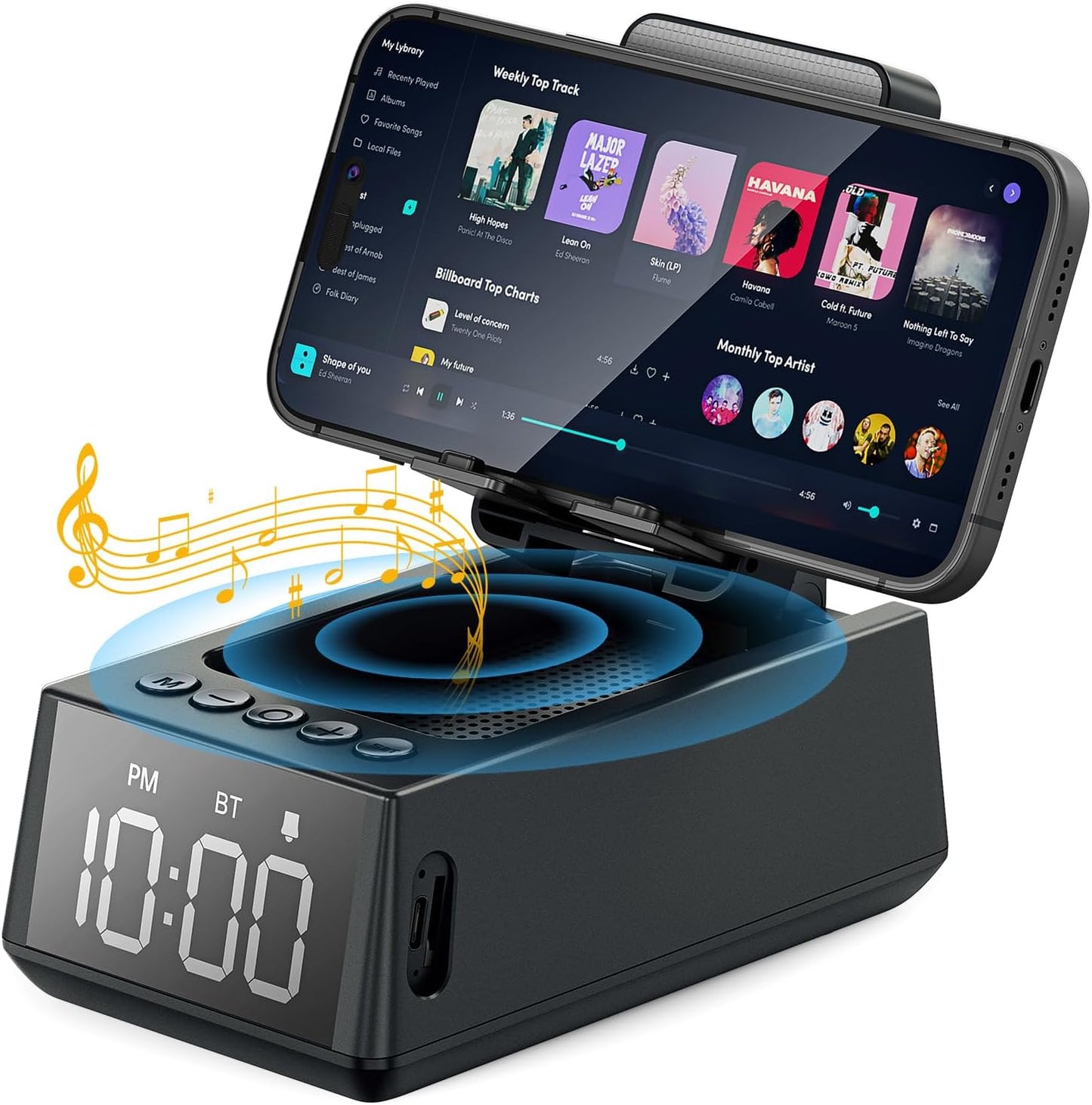 Wireless Bluetooth Speaker with Cell Phone Stand Loud Alarm Clock TF Card Reader 12H Display Mic HD Surround Sound Kitchen Bedroom Office Cell Phone＆Tablet (Black)